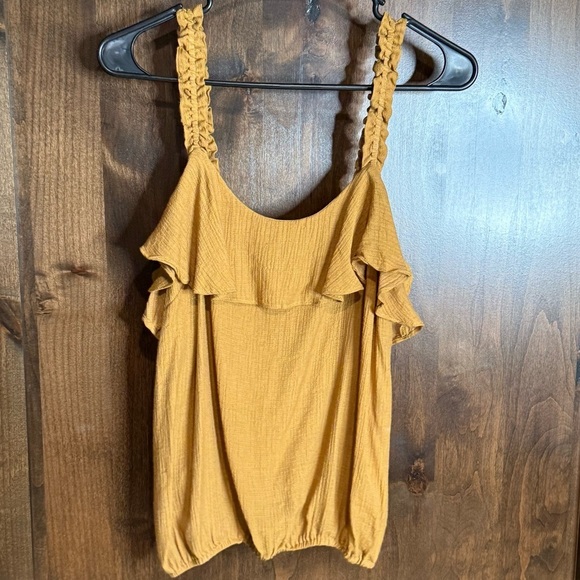 Hem & thread Women’s Size L rayon tank top mustard ruffle shoulder elastic waist - Picture 2 of 6